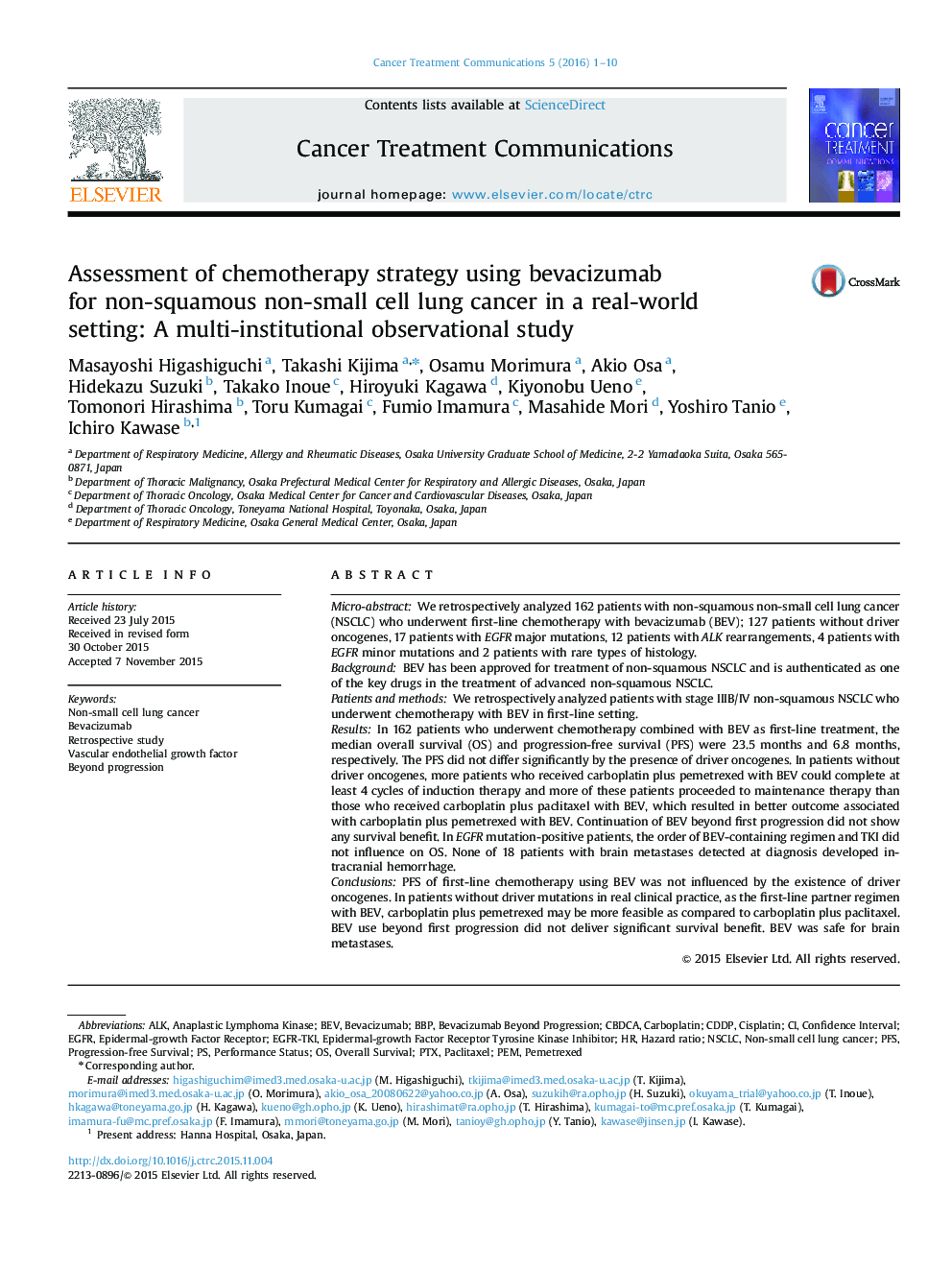 Assessment of chemotherapy strategy using bevacizumab for non-squamous non-small cell lung cancer in a real-world setting: A multi-institutional observational study