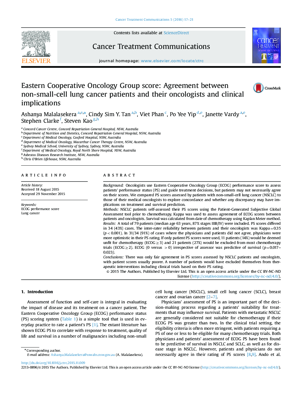 Eastern Cooperative Oncology Group score: Agreement between non-small-cell lung cancer patients and their oncologists and clinical implications