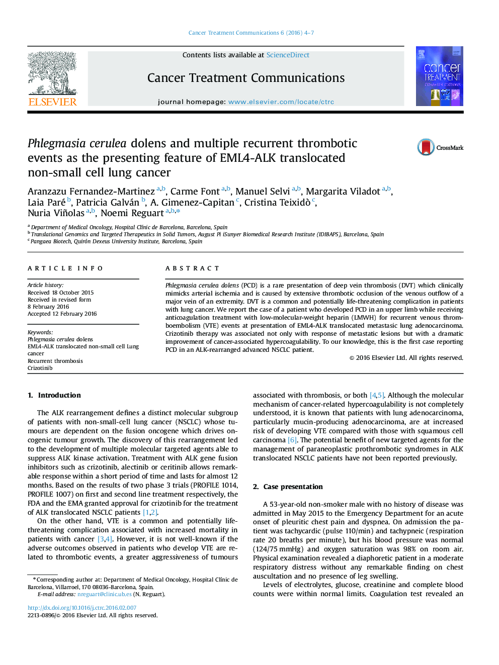 Phlegmasia cerulea dolens and multiple recurrent thrombotic events as the presenting feature of EML4-ALK translocated non-small cell lung cancer