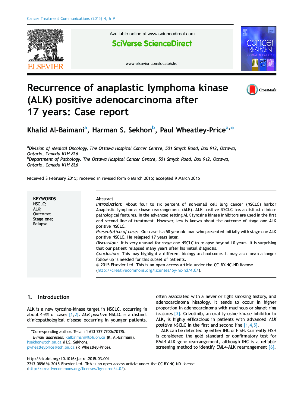 Recurrence of anaplastic lymphoma kinase (ALK) positive adenocarcinoma after 17 years: Case report