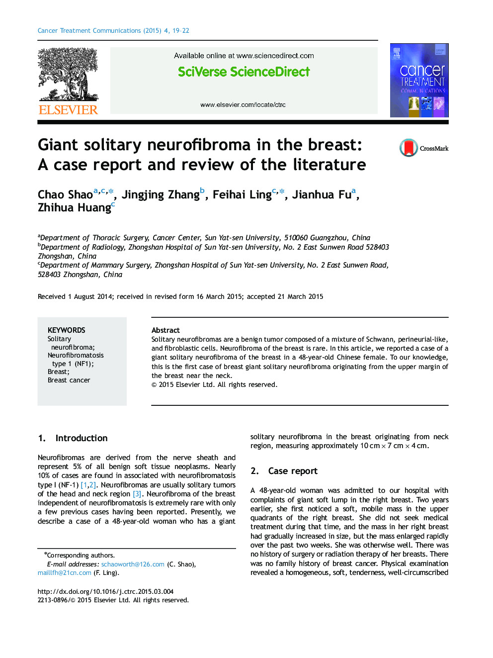 Giant solitary neurofibroma in the breast: A case report and review of the literature