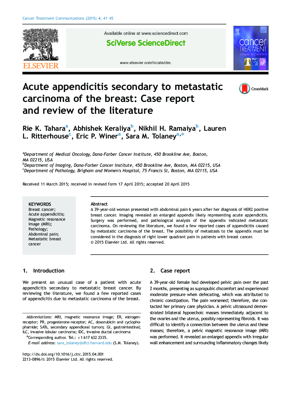 Acute appendicitis secondary to metastatic carcinoma of the breast: Case report and review of the literature