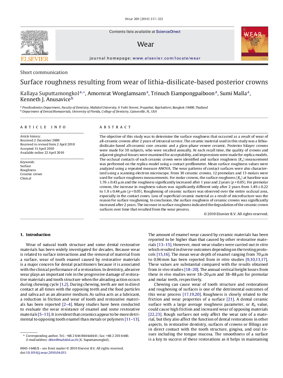 Surface roughness resulting from wear of lithia-disilicate-based posterior crowns