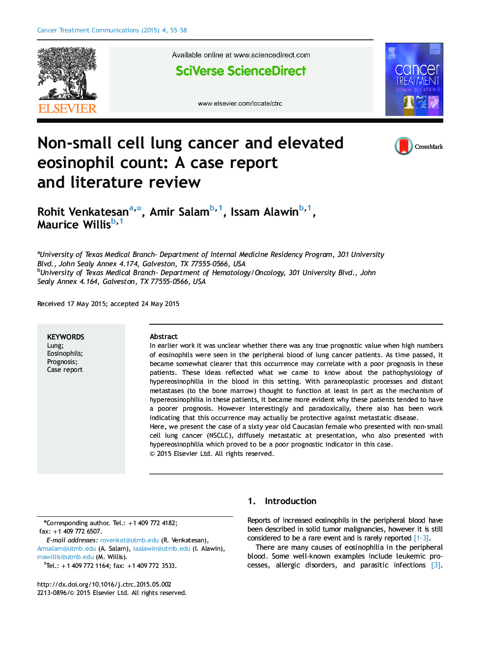 Non-small cell lung cancer and elevated eosinophil count: A case report and literature review