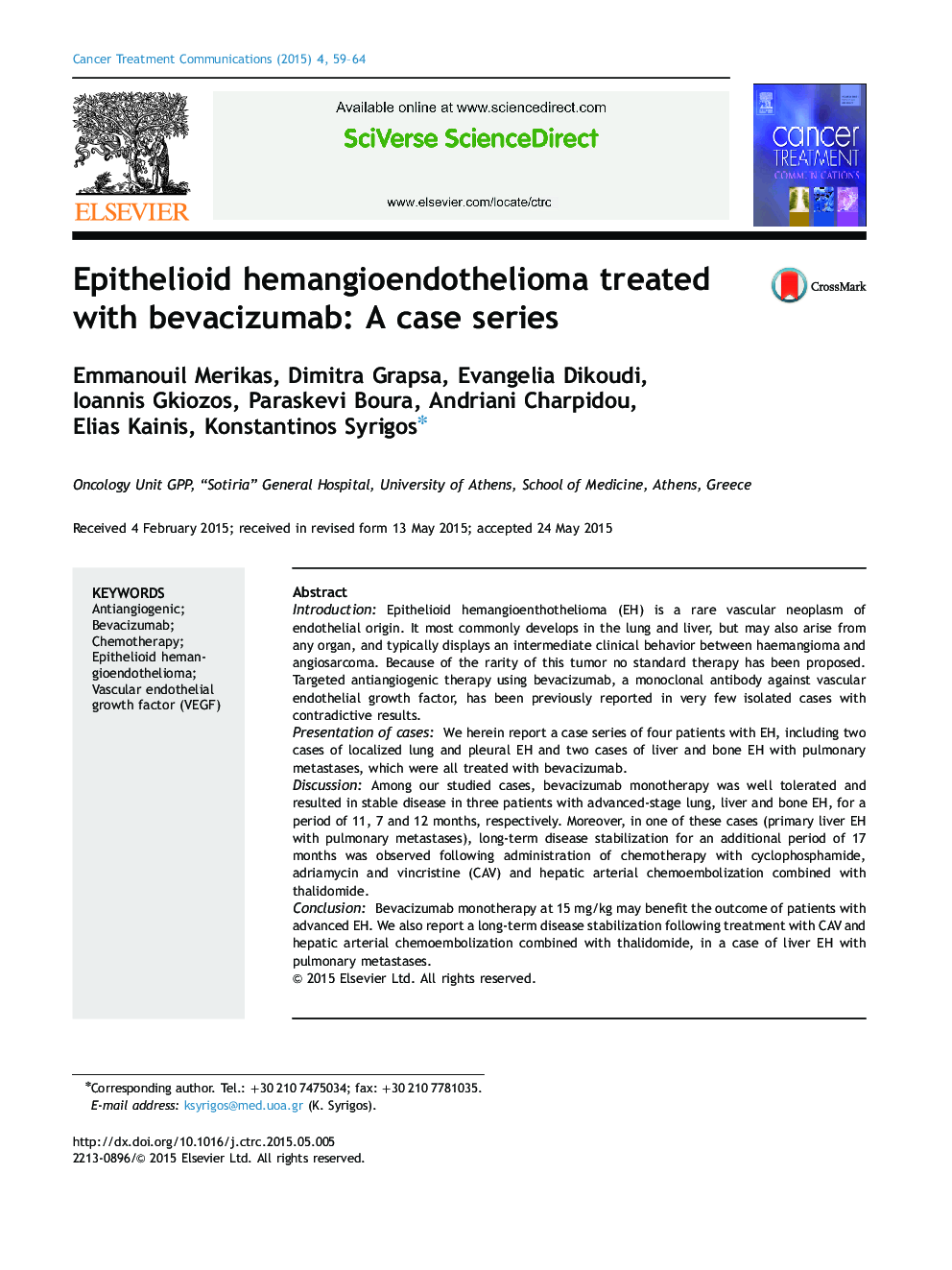 Epithelioid hemangioendothelioma treated with bevacizumab: A case series