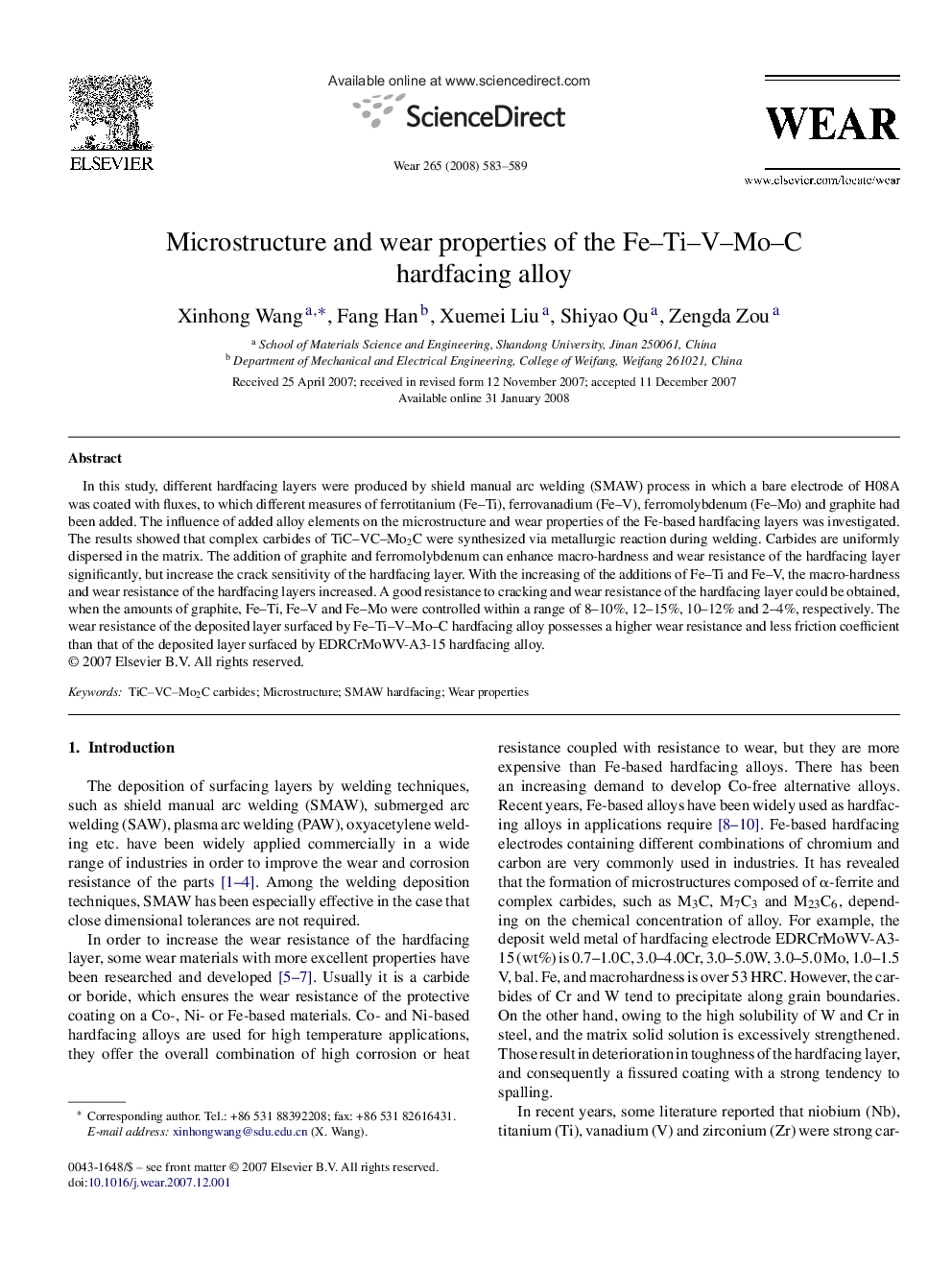 Microstructure and wear properties of the Fe–Ti–V–Mo–C hardfacing alloy