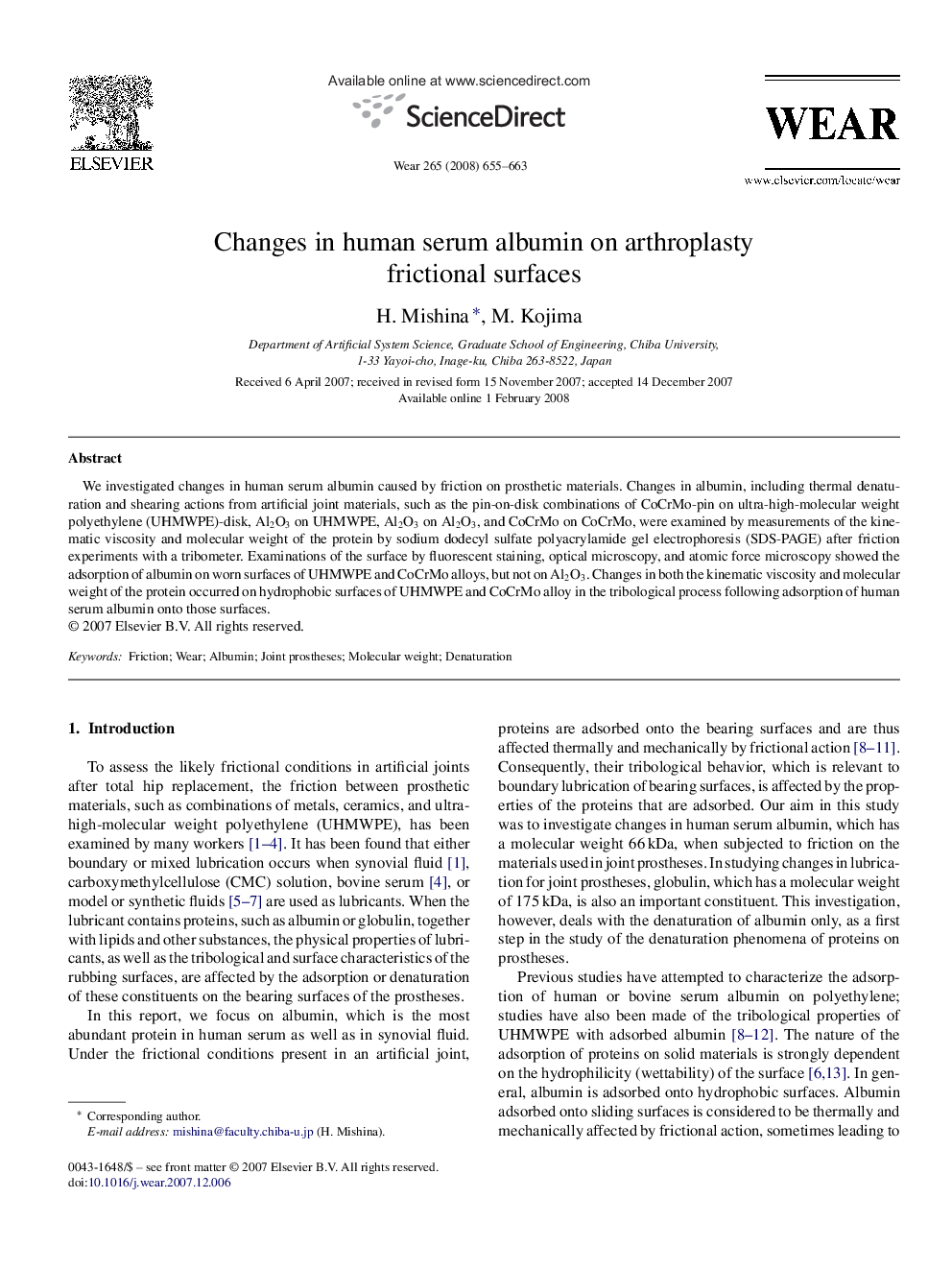 Changes in human serum albumin on arthroplasty frictional surfaces