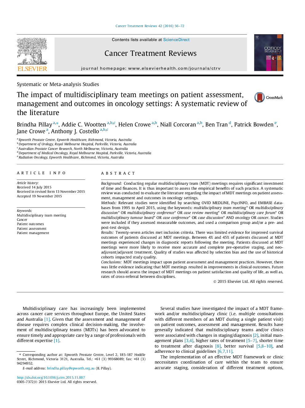 The impact of multidisciplinary team meetings on patient assessment, management and outcomes in oncology settings: A systematic review of the literature