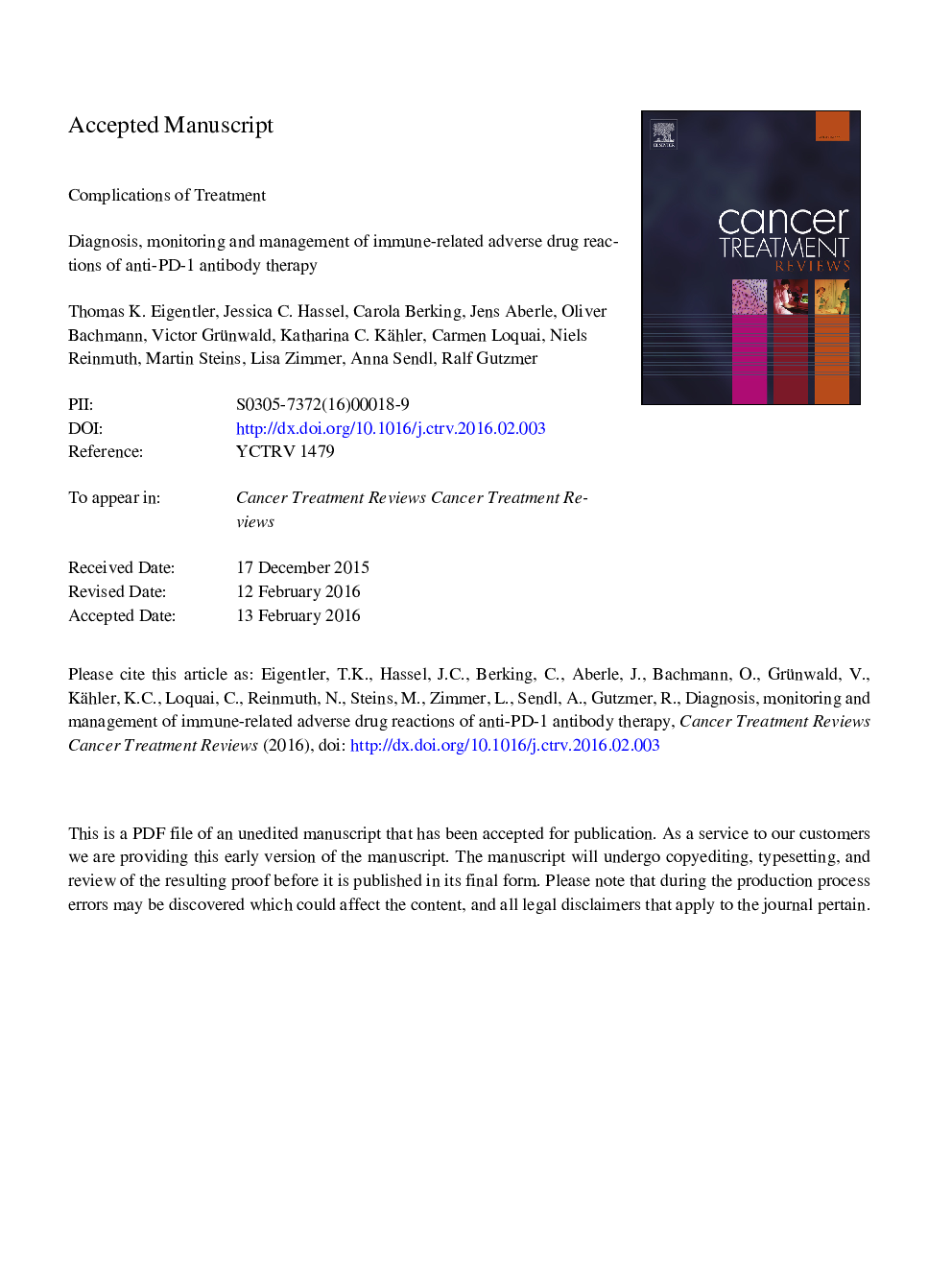 Diagnosis, monitoring and management of immune-related adverse drug reactions of anti-PD-1 antibody therapy