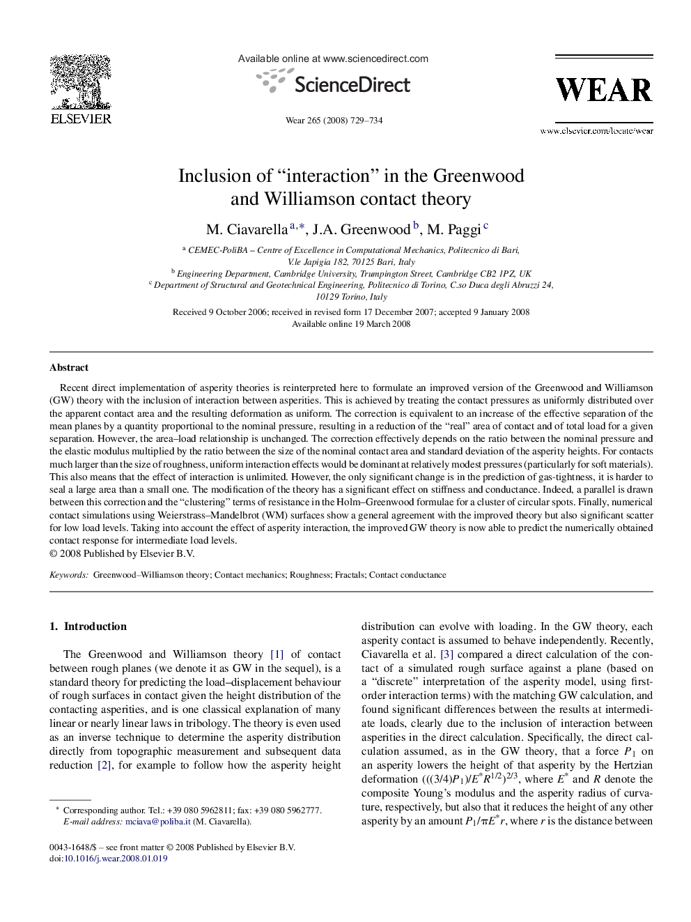 Inclusion of “interaction” in the Greenwood and Williamson contact theory