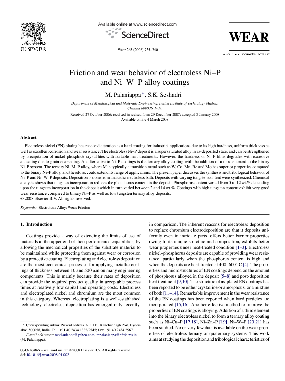 Friction and wear behavior of electroless Ni–P and Ni–W–P alloy coatings