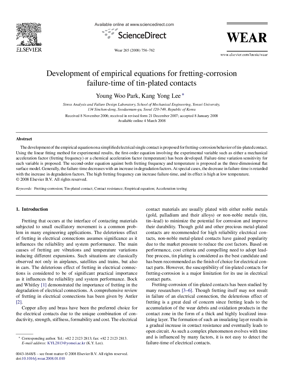 Development of empirical equations for fretting-corrosion failure-time of tin-plated contacts