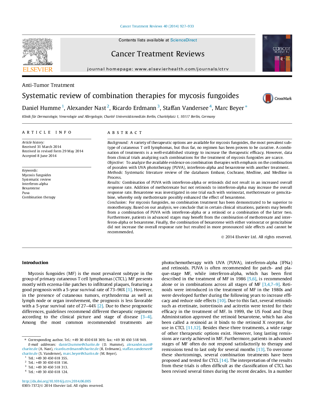 Systematic review of combination therapies for mycosis fungoides