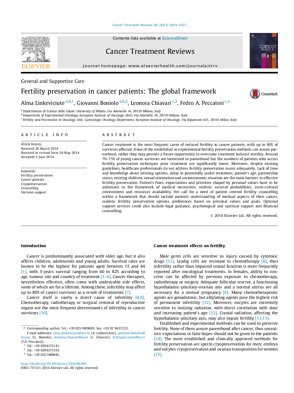 Fertility preservation in cancer patients: The global framework