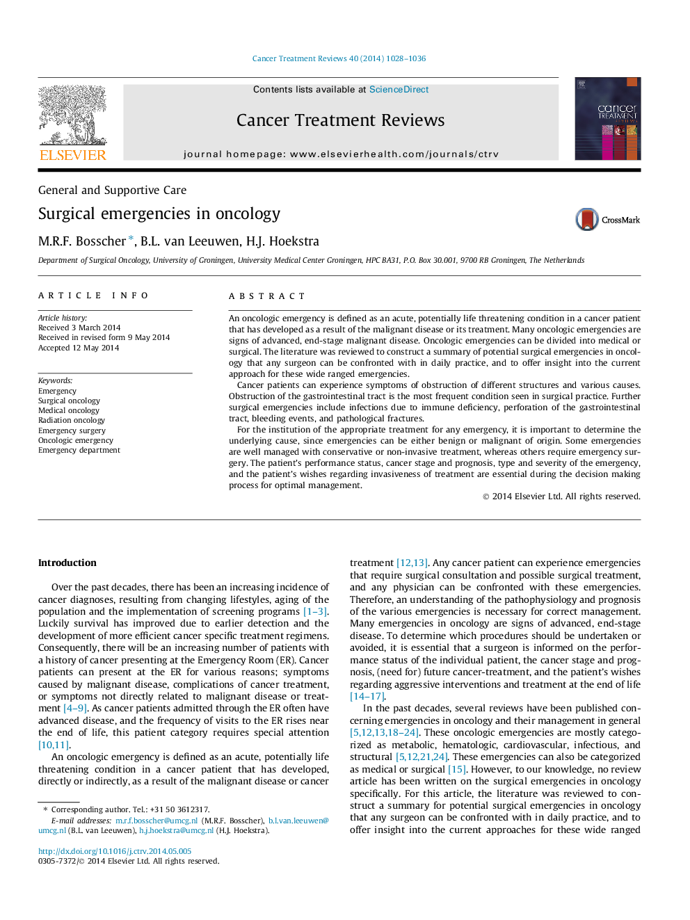 Surgical emergencies in oncology