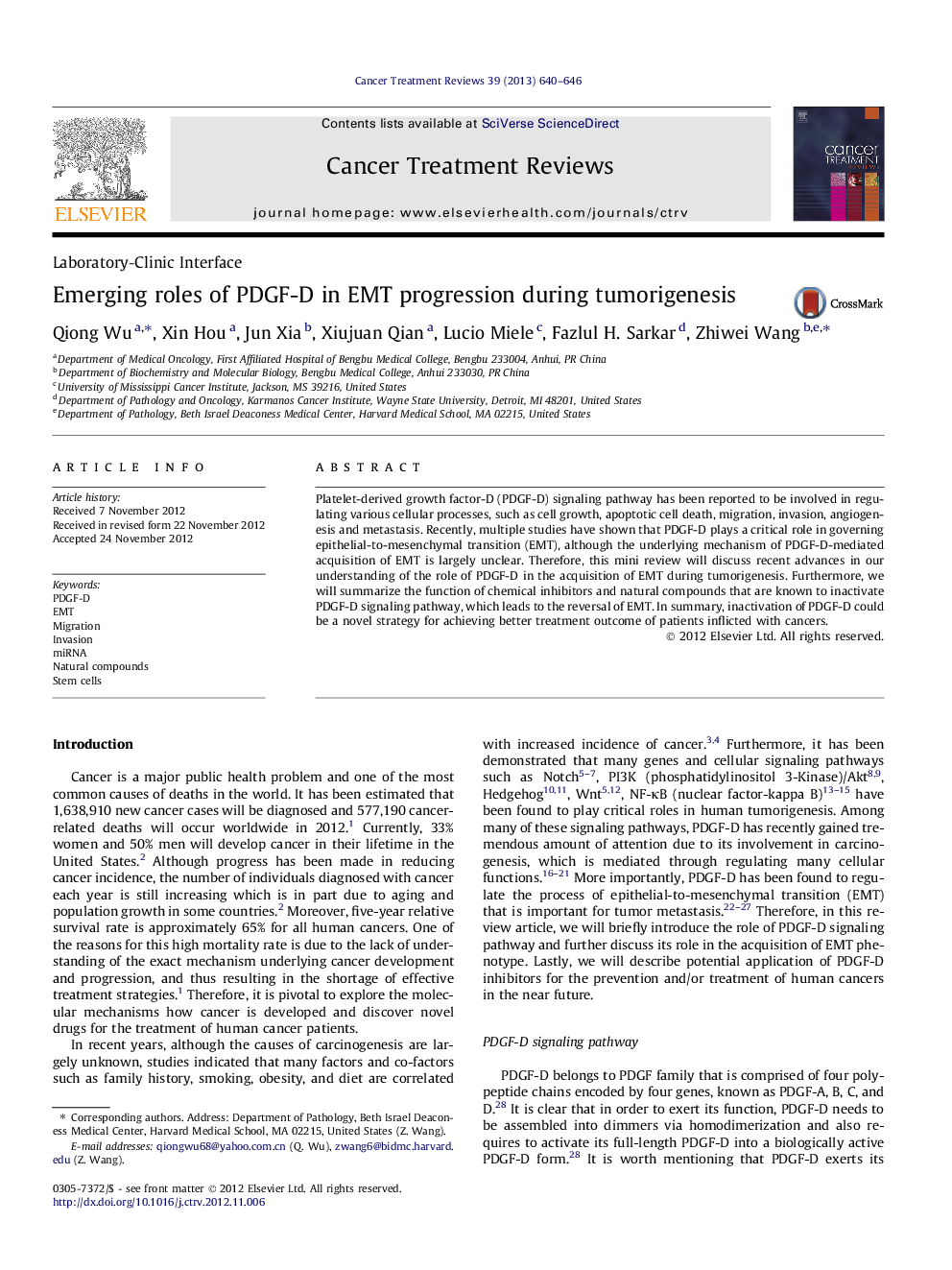 Emerging roles of PDGF-D in EMT progression during tumorigenesis