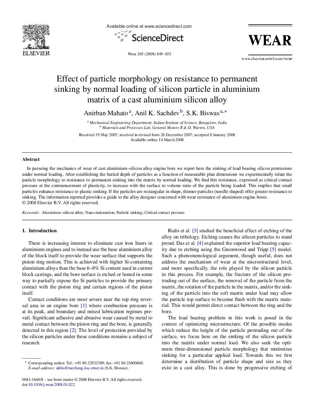 Effect of particle morphology on resistance to permanent sinking by normal loading of silicon particle in aluminium matrix of a cast aluminium silicon alloy