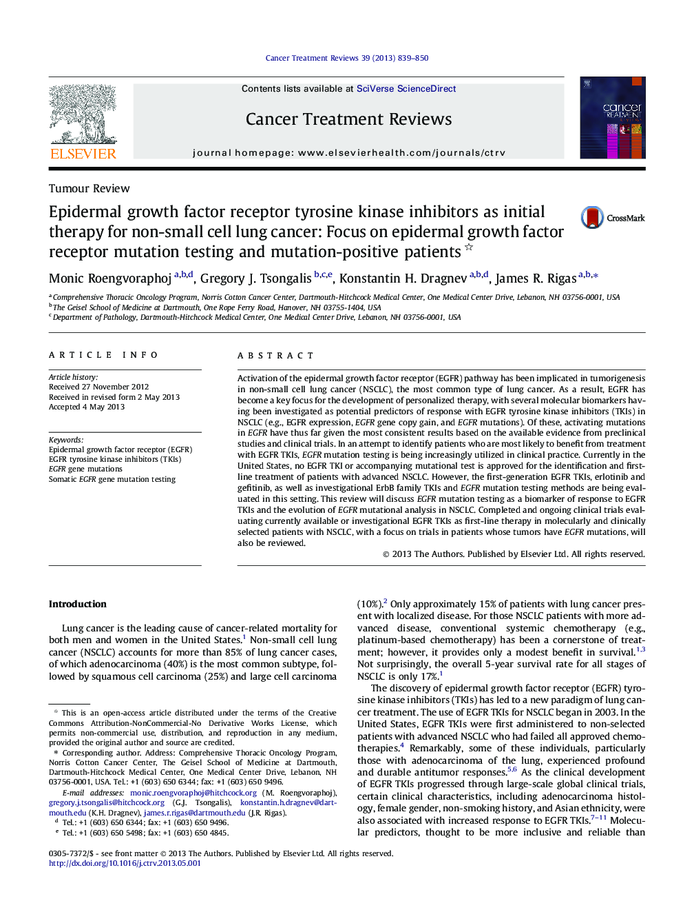 Epidermal growth factor receptor tyrosine kinase inhibitors as initial therapy for non-small cell lung cancer: Focus on epidermal growth factor receptor mutation testing and mutation-positive patients