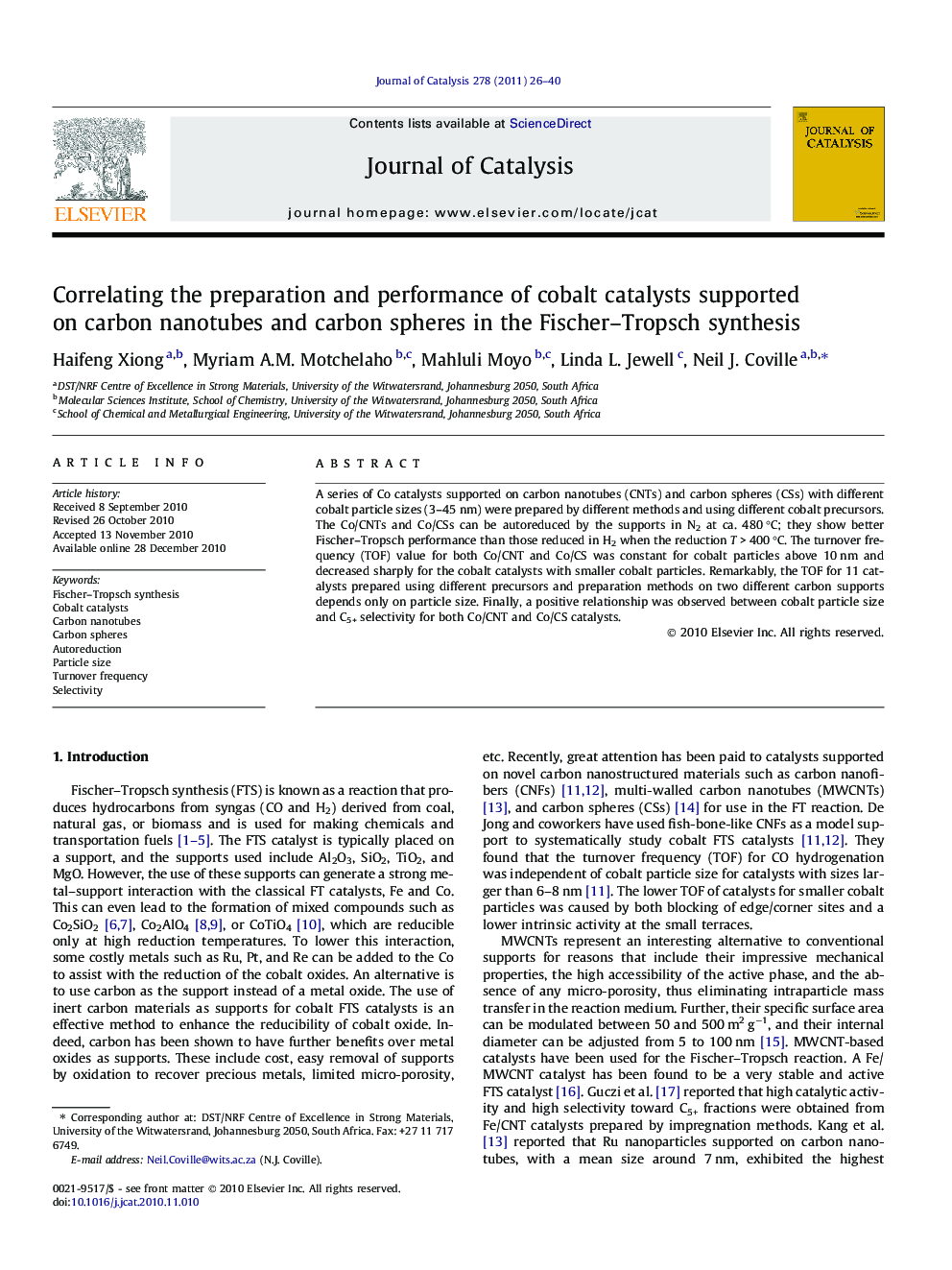 Correlating the preparation and performance of cobalt catalysts supported on carbon nanotubes and carbon spheres in the Fischer–Tropsch synthesis