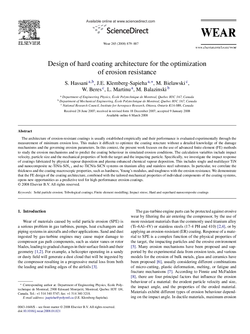 Design of hard coating architecture for the optimization of erosion resistance