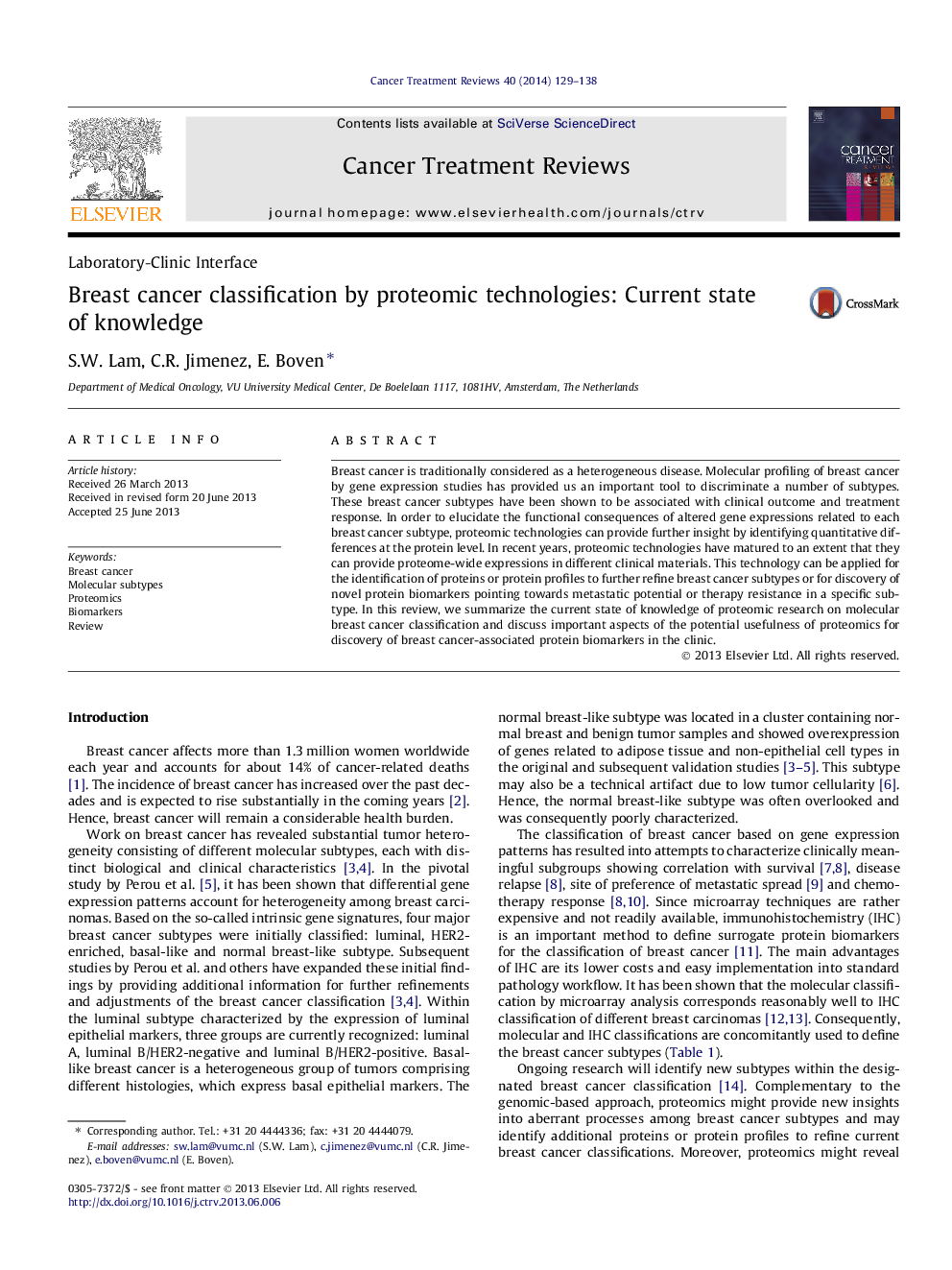 Breast cancer classification by proteomic technologies: Current state of knowledge