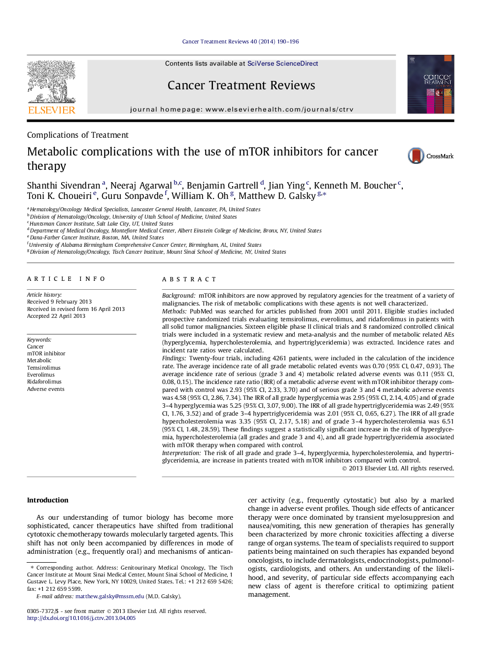 Metabolic complications with the use of mTOR inhibitors for cancer therapy