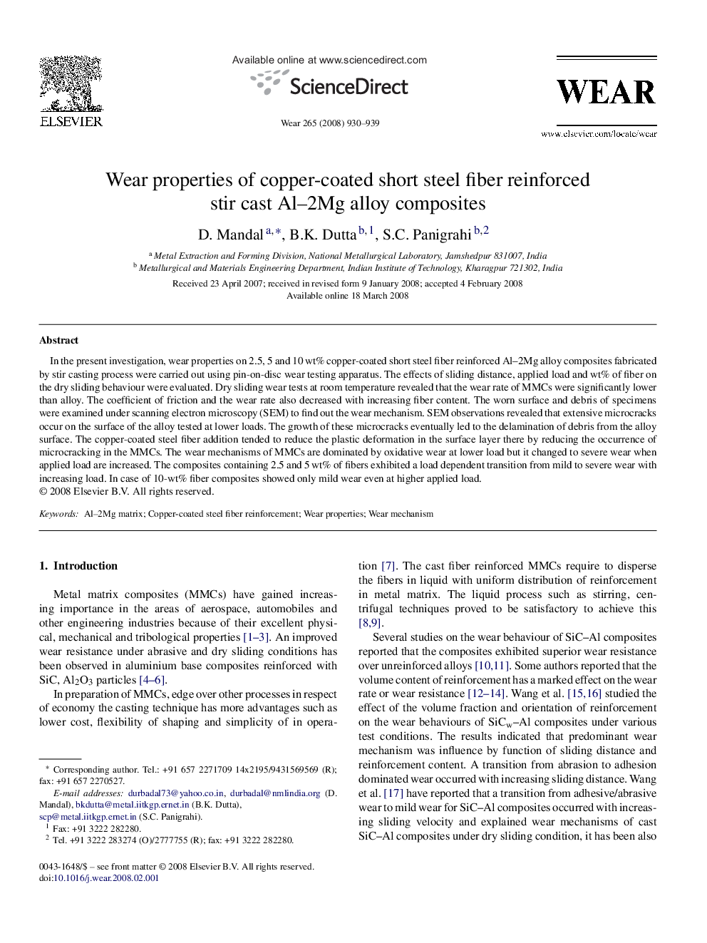 Wear properties of copper-coated short steel fiber reinforced stir cast Al-2Mg alloy composites