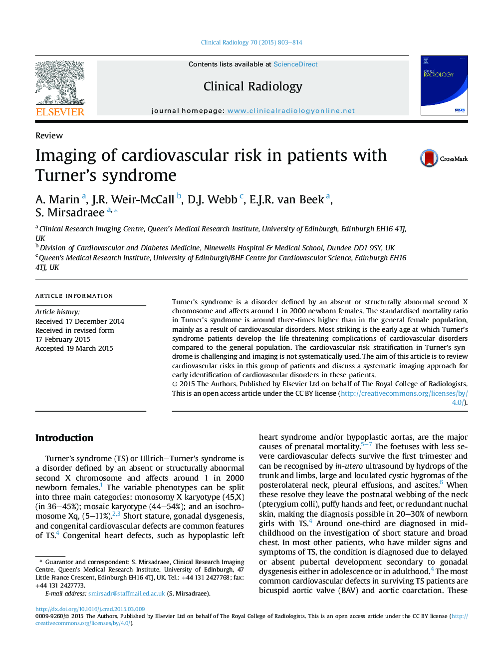 Imaging of cardiovascular risk in patients with Turner's syndrome