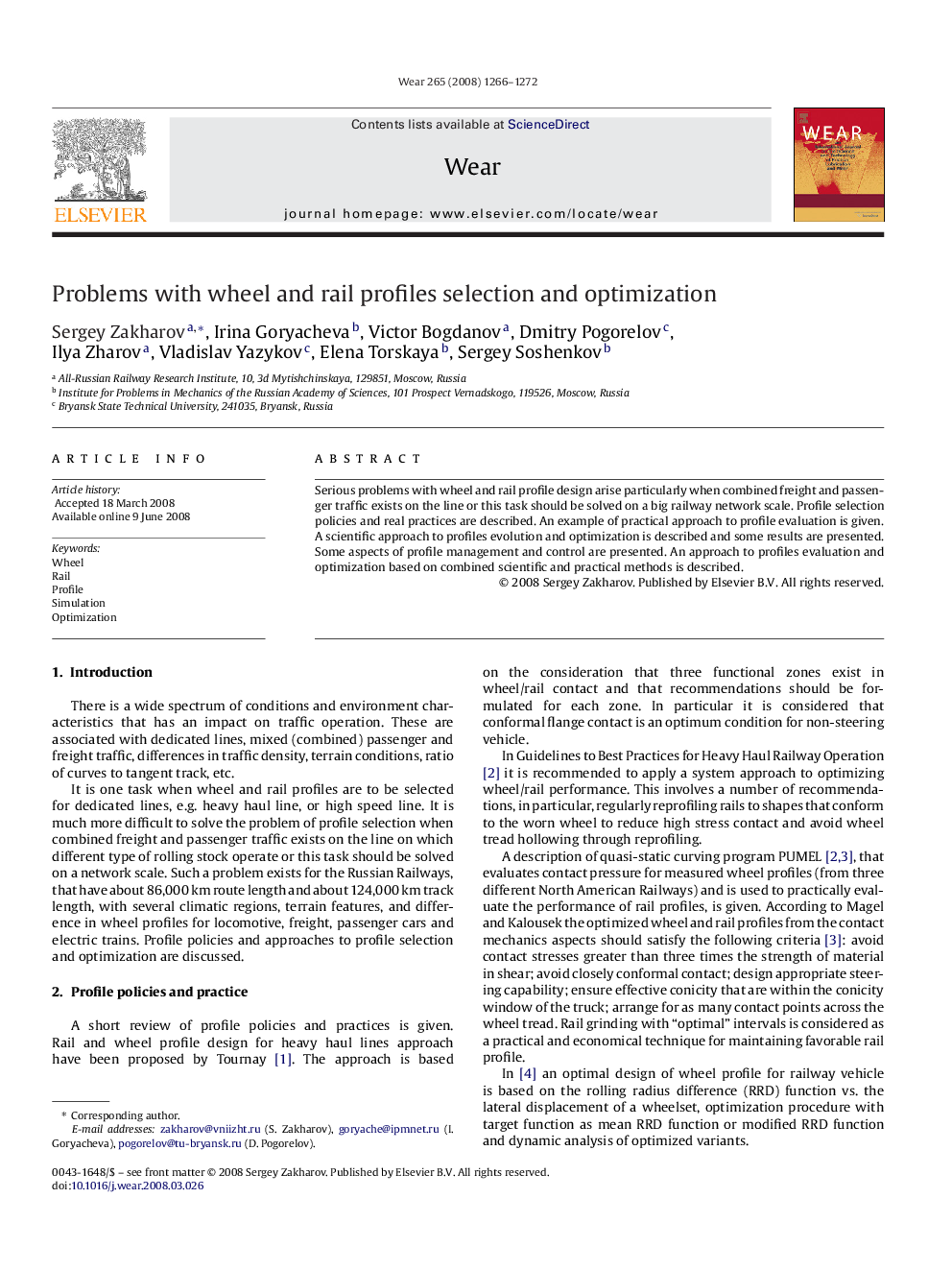 Problems with wheel and rail profiles selection and optimization