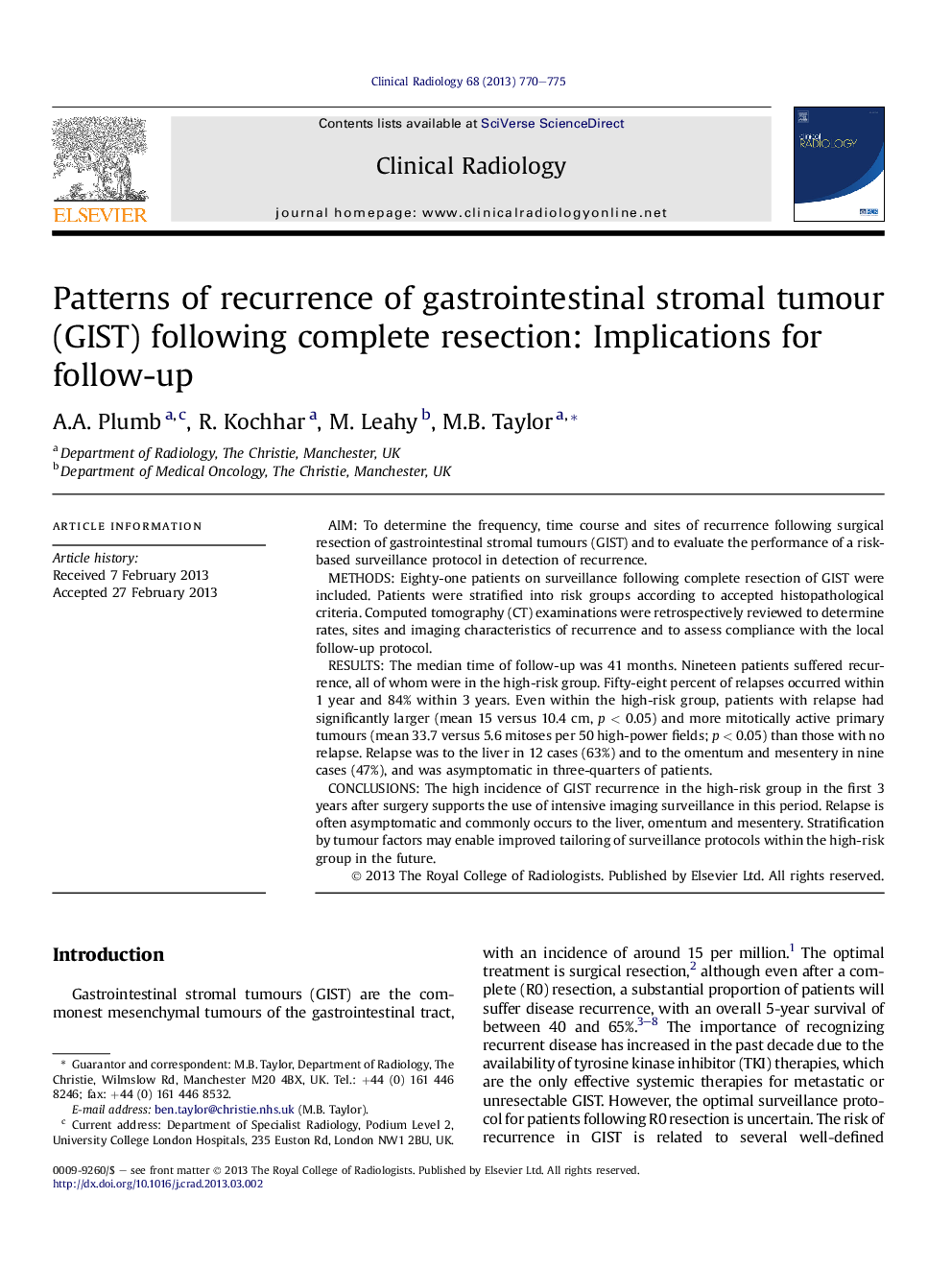 Patterns of recurrence of gastrointestinal stromal tumour (GIST) following complete resection: Implications for follow-up