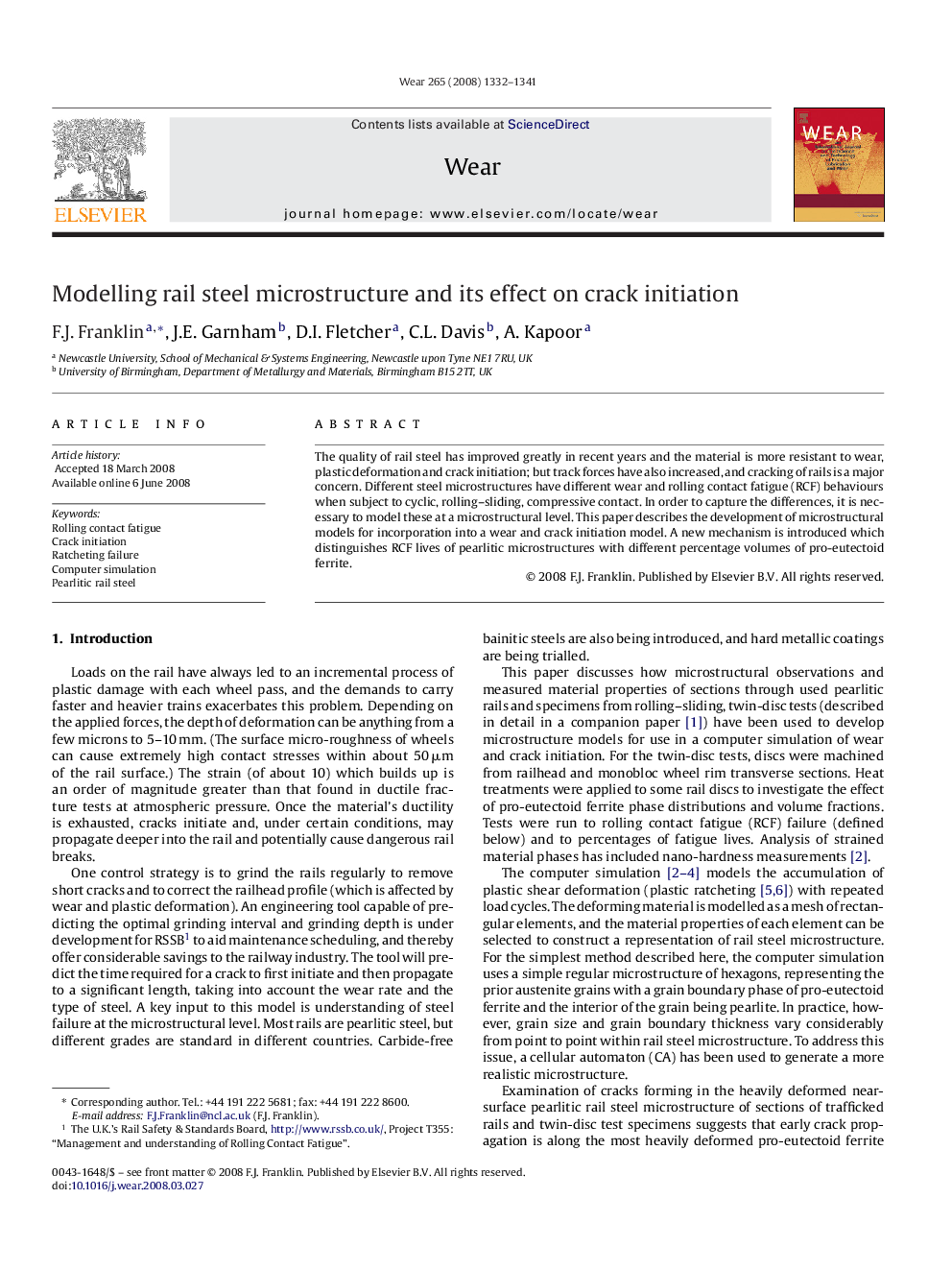 Modelling rail steel microstructure and its effect on crack initiation