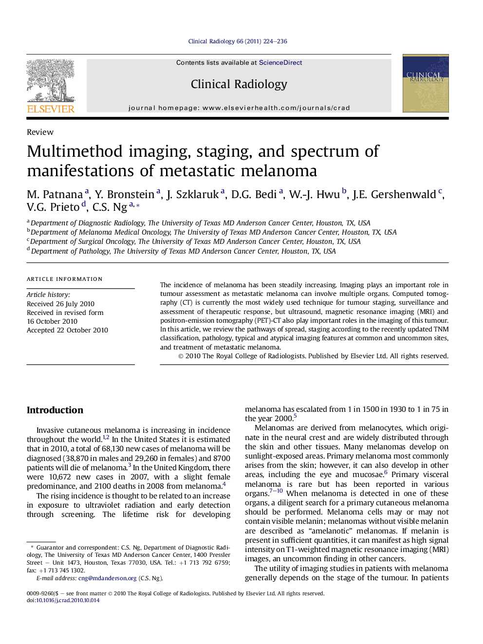 Multimethod imaging, staging, and spectrum of manifestations of metastatic melanoma