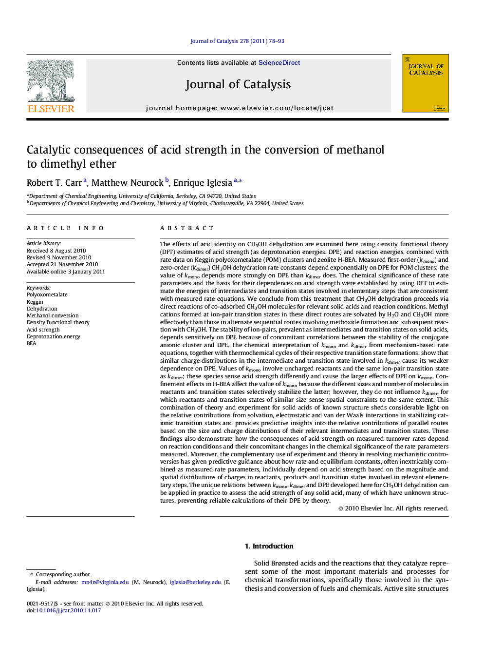 Catalytic consequences of acid strength in the conversion of methanol to dimethyl ether