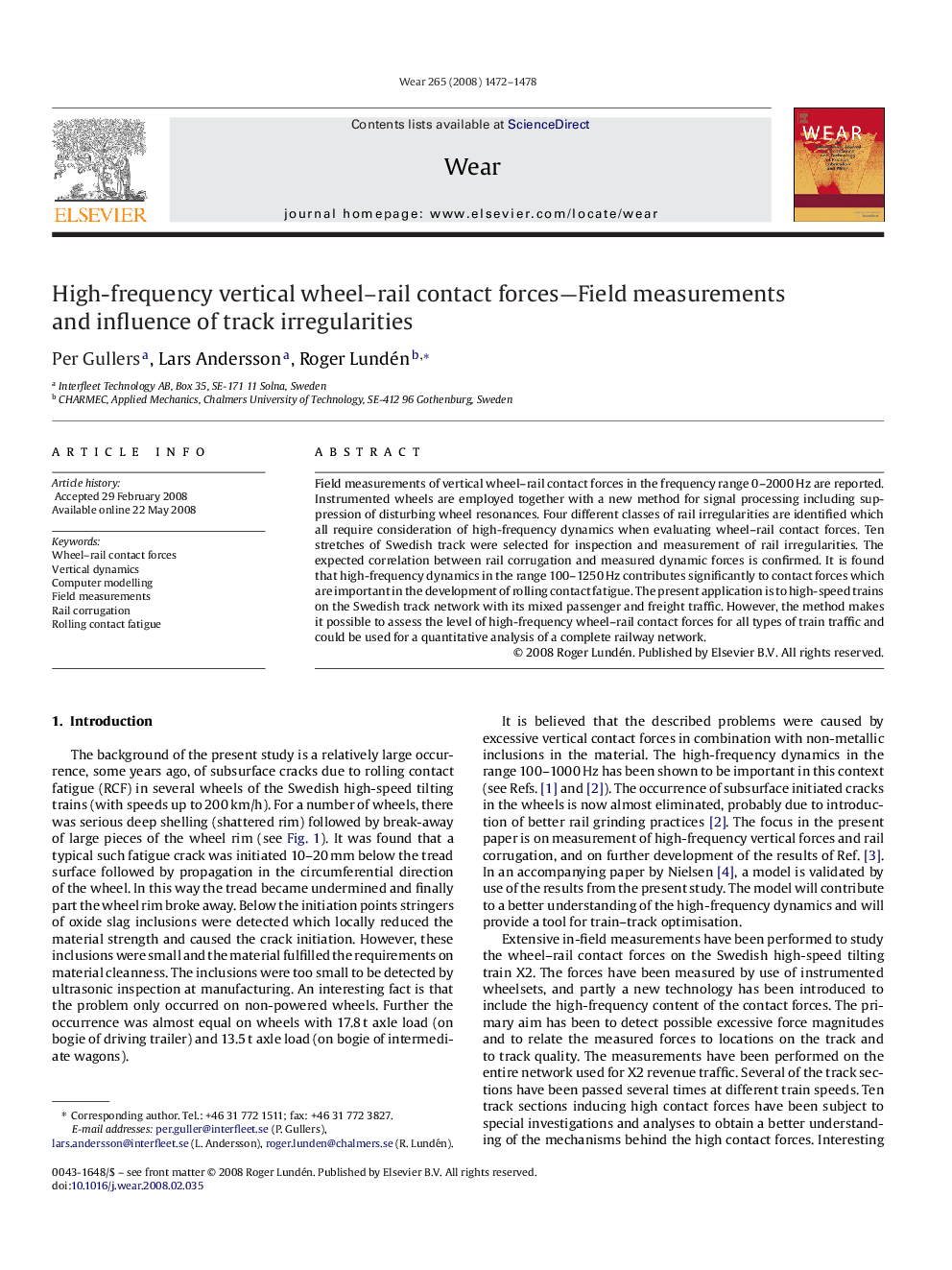 High-frequency vertical wheel-rail contact forces-Field measurements and influence of track irregularities