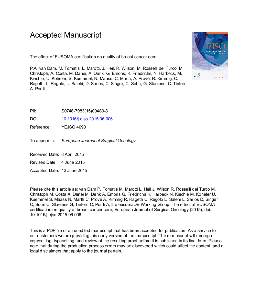 The effect of EUSOMA certification on quality of breast cancer care