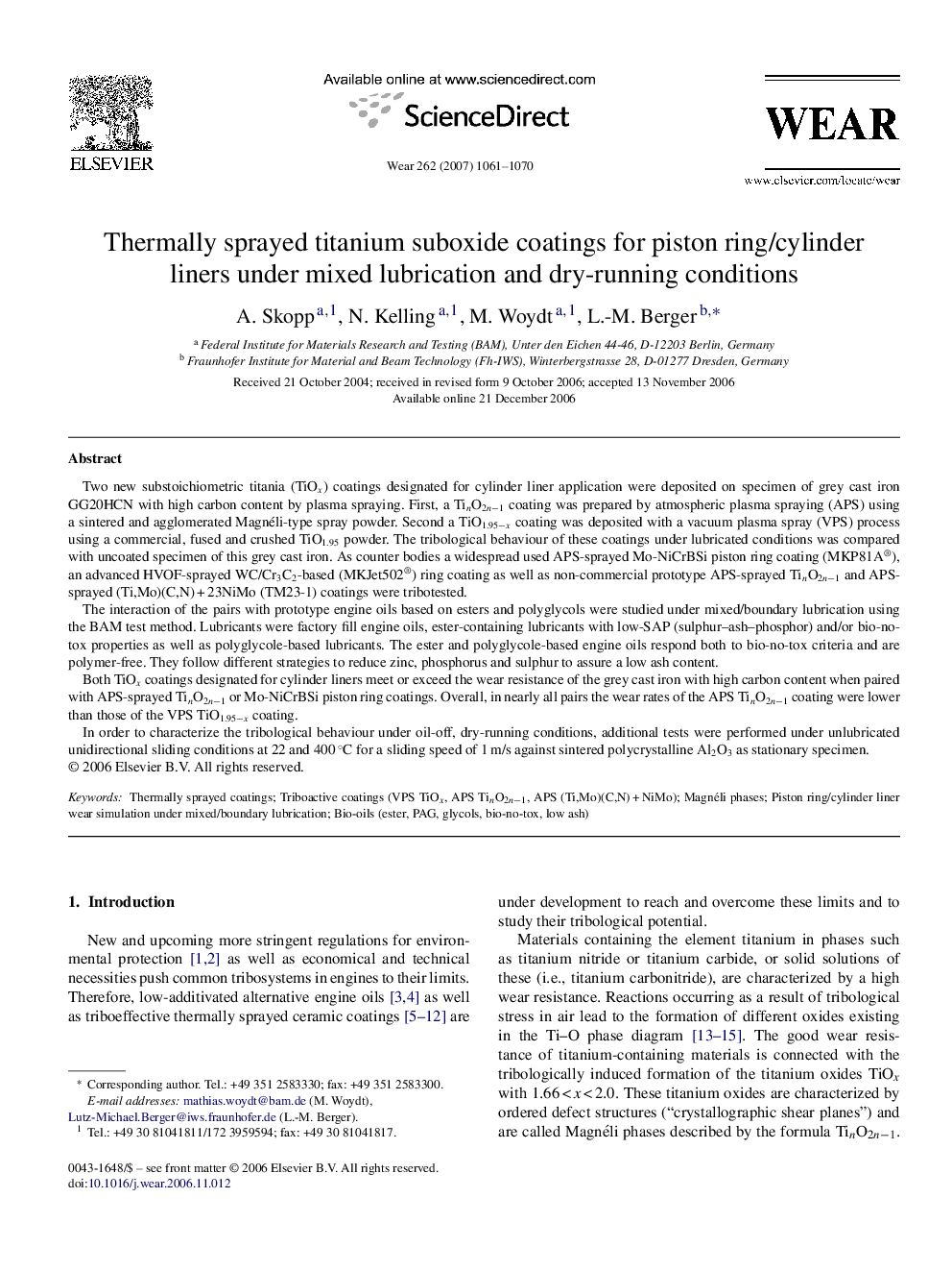 Thermally sprayed titanium suboxide coatings for piston ring/cylinder liners under mixed lubrication and dry-running conditions