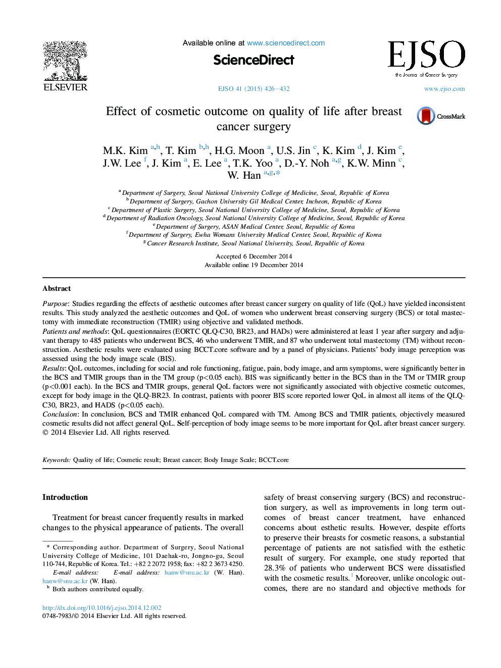 Effect of cosmetic outcome on quality of life after breast cancer surgery