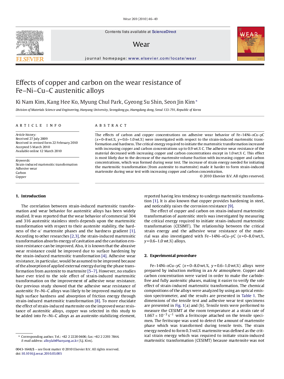 Effects of copper and carbon on the wear resistance of Fe–Ni–Cu–C austenitic alloys