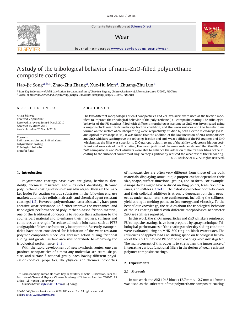 A study of the tribological behavior of nano-ZnO-filled polyurethane composite coatings