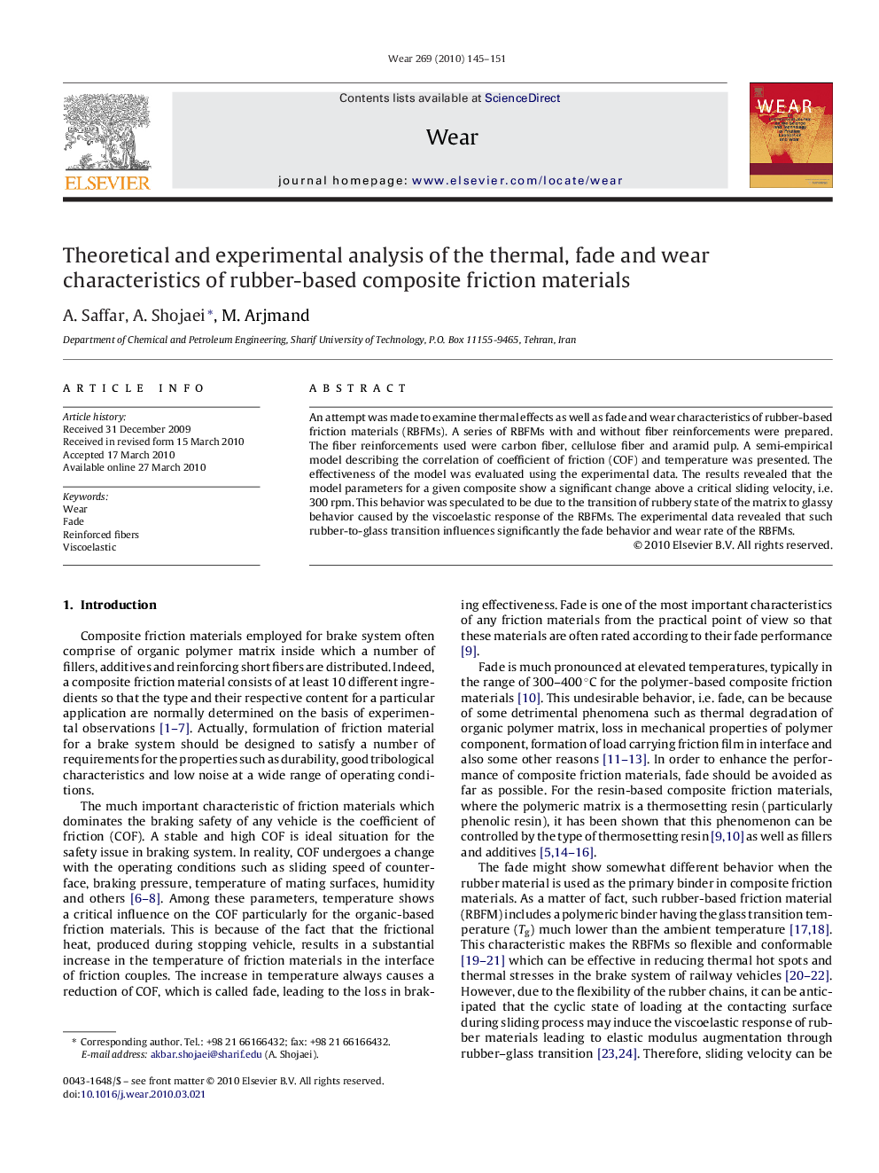 Theoretical and experimental analysis of the thermal, fade and wear characteristics of rubber-based composite friction materials