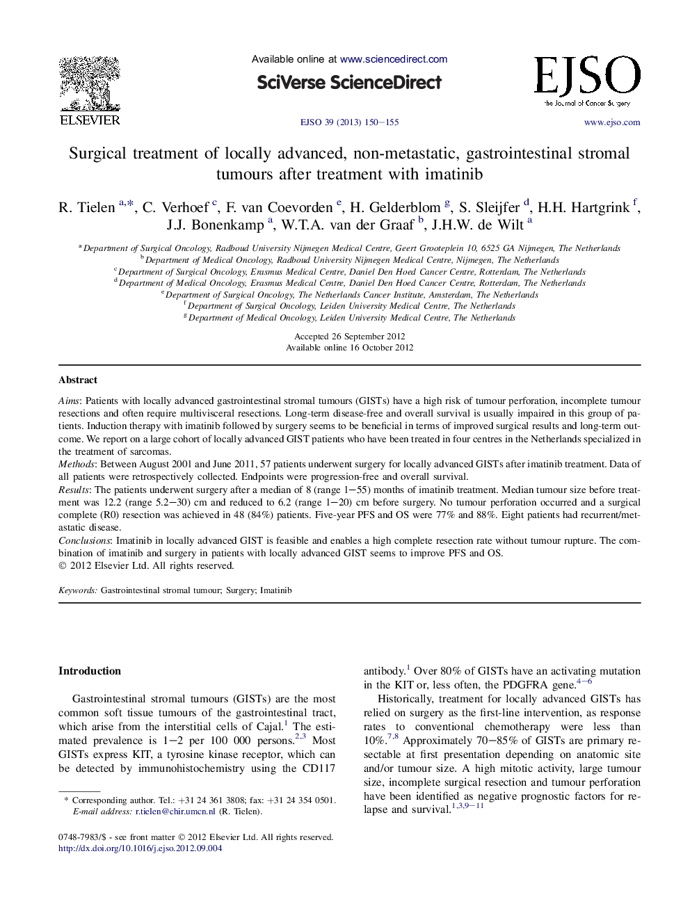 Surgical treatment of locally advanced, non-metastatic, gastrointestinal stromal tumours after treatment with imatinib