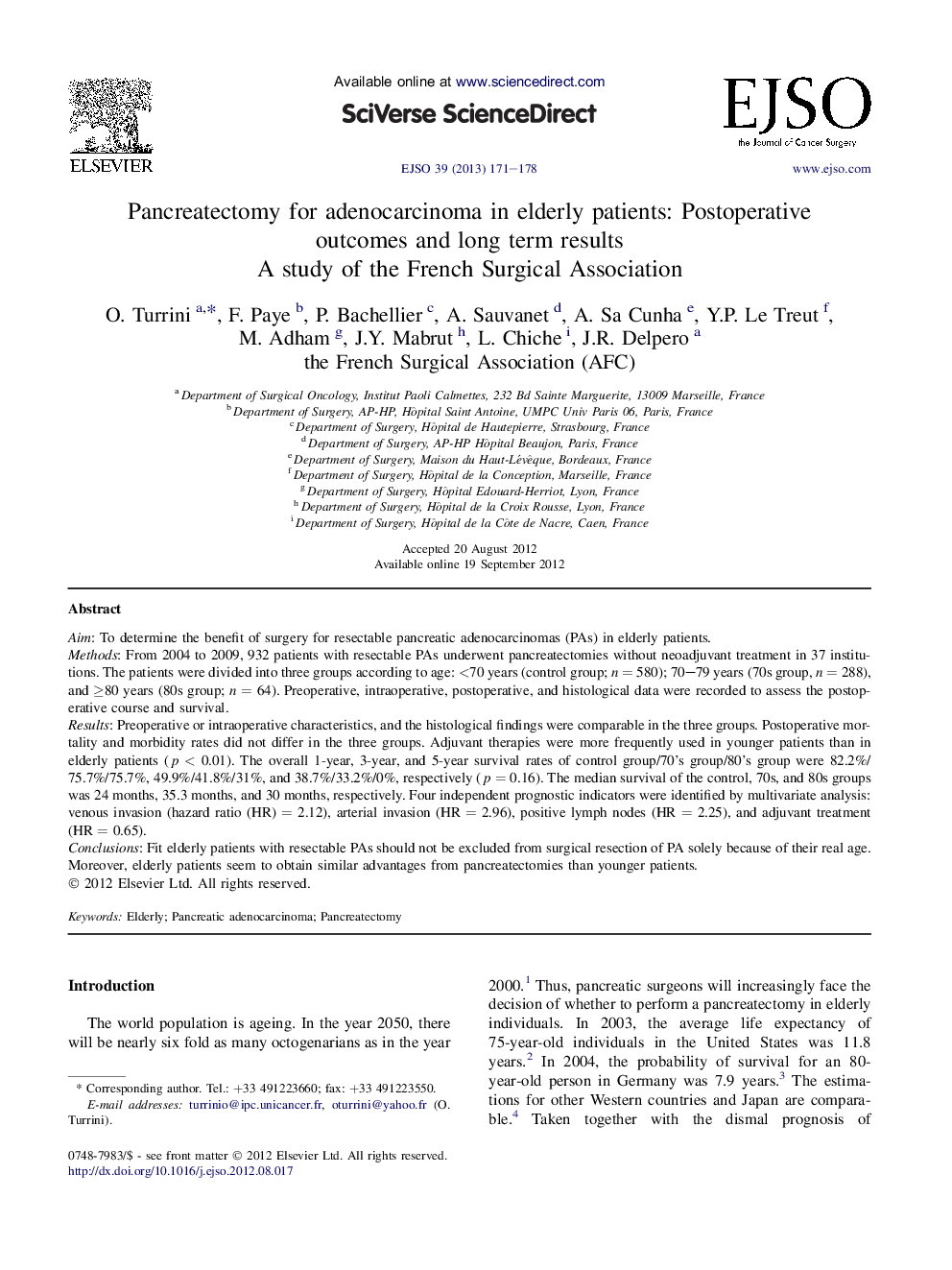 پانکراتکتومی برای آدنوکارسینوما در سالمندان: نتایج پس از عمل و نتایج بلند مدت: مطالعهی انجمن جراحی فرانسه 