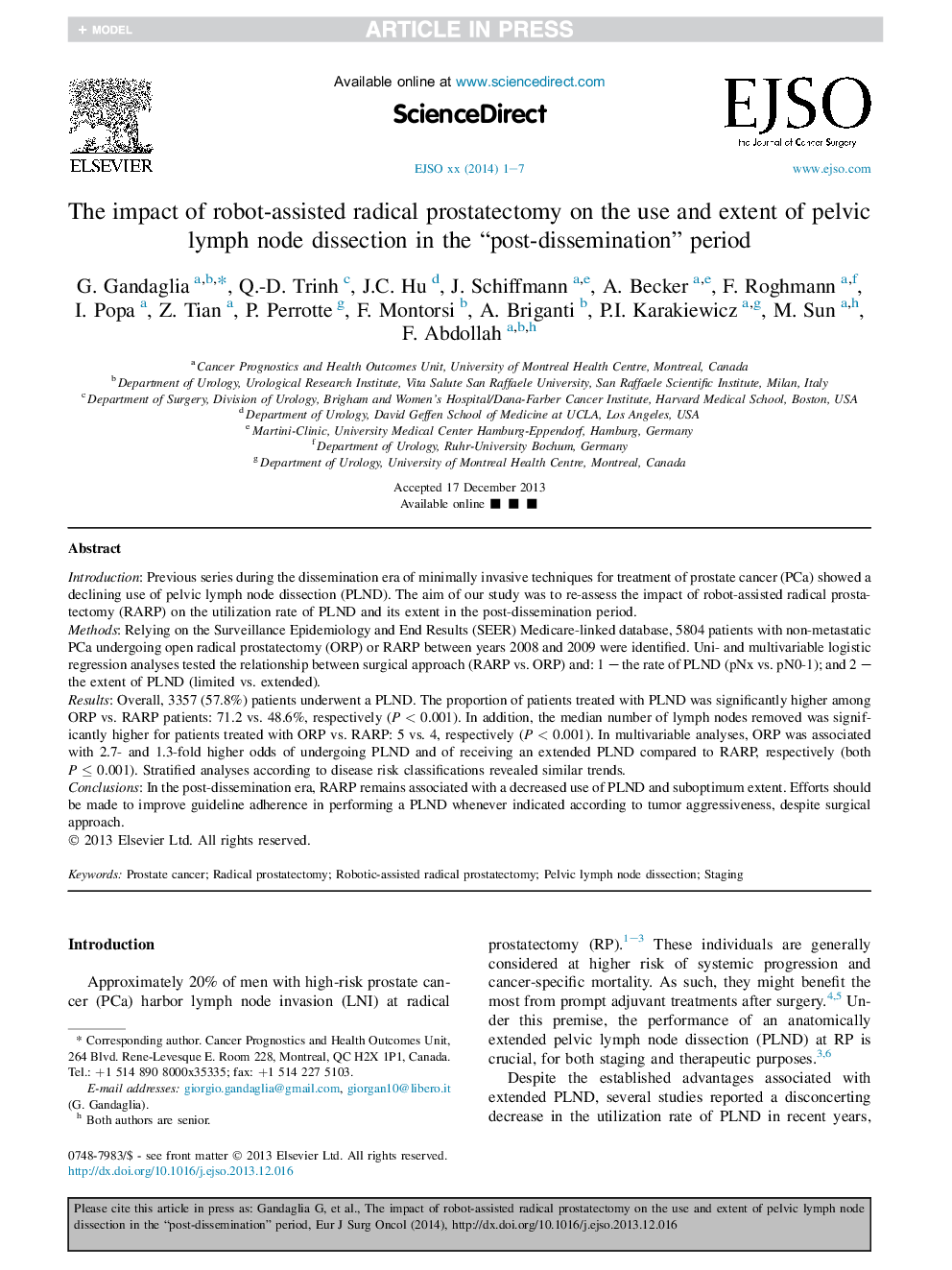 The impact of robot-assisted radical prostatectomy on the use and extent of pelvic lymph node dissection in the “post-dissemination” period