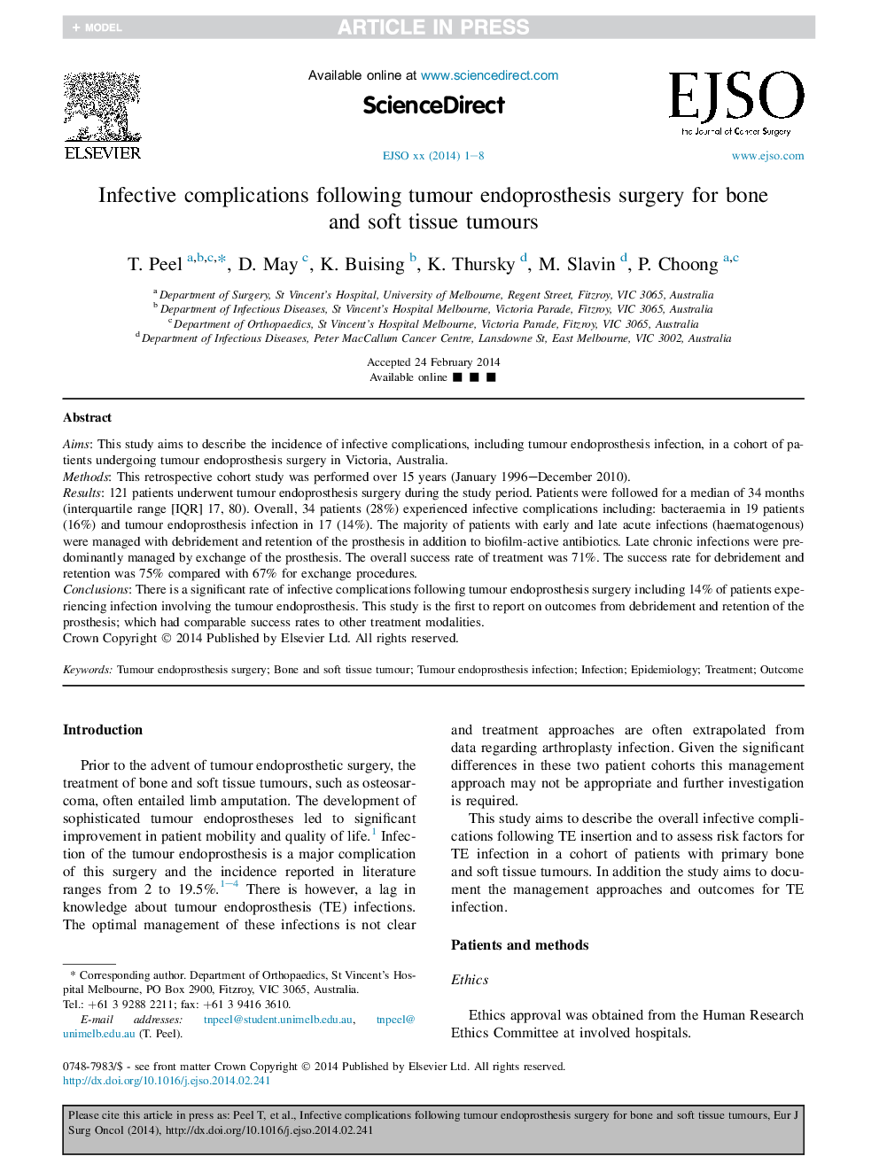 Infective complications following tumour endoprosthesis surgery for bone and soft tissue tumours