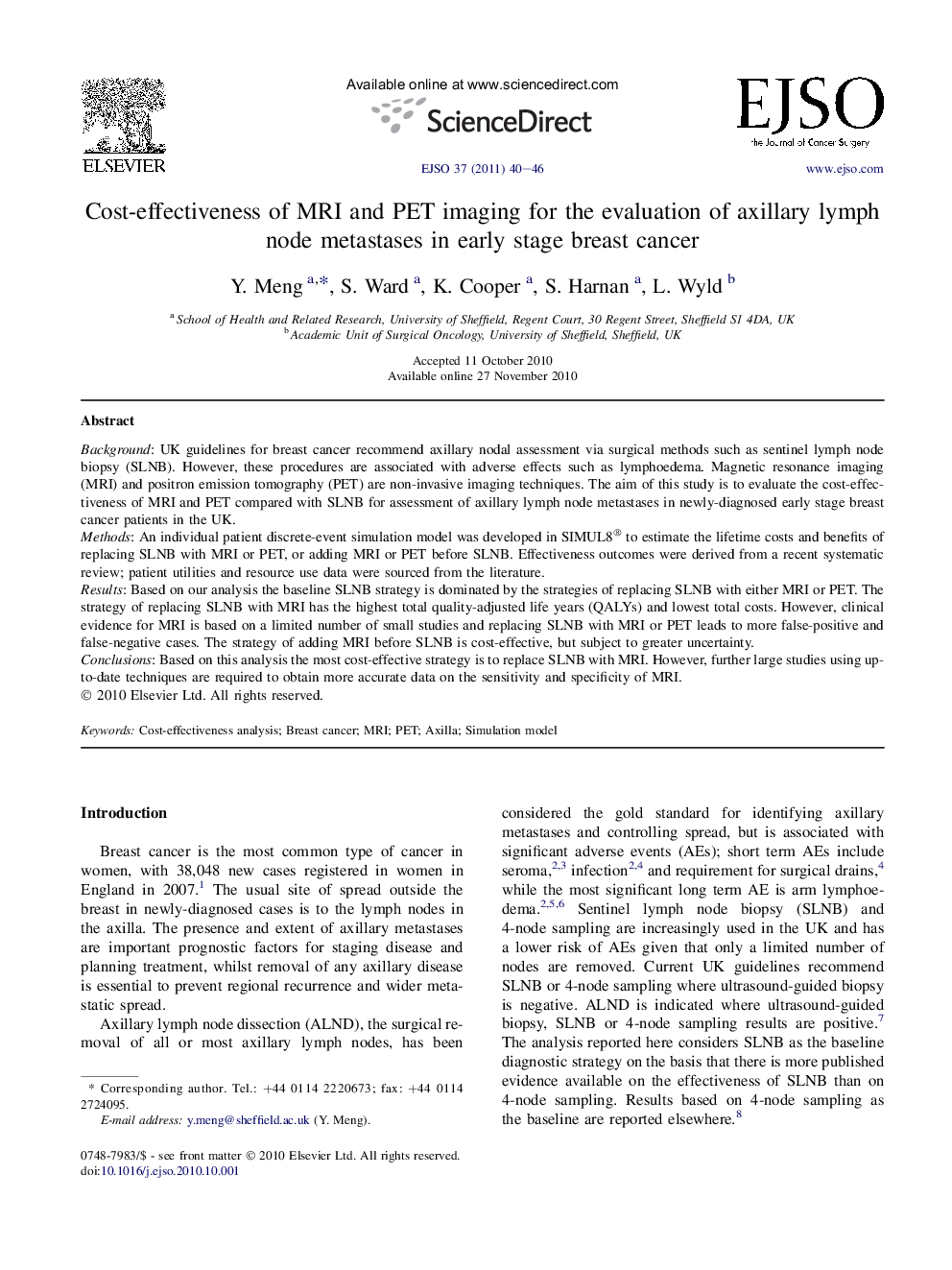 Cost-effectiveness of MRI and PET imaging for the evaluation of axillary lymph node metastases in early stage breast cancer