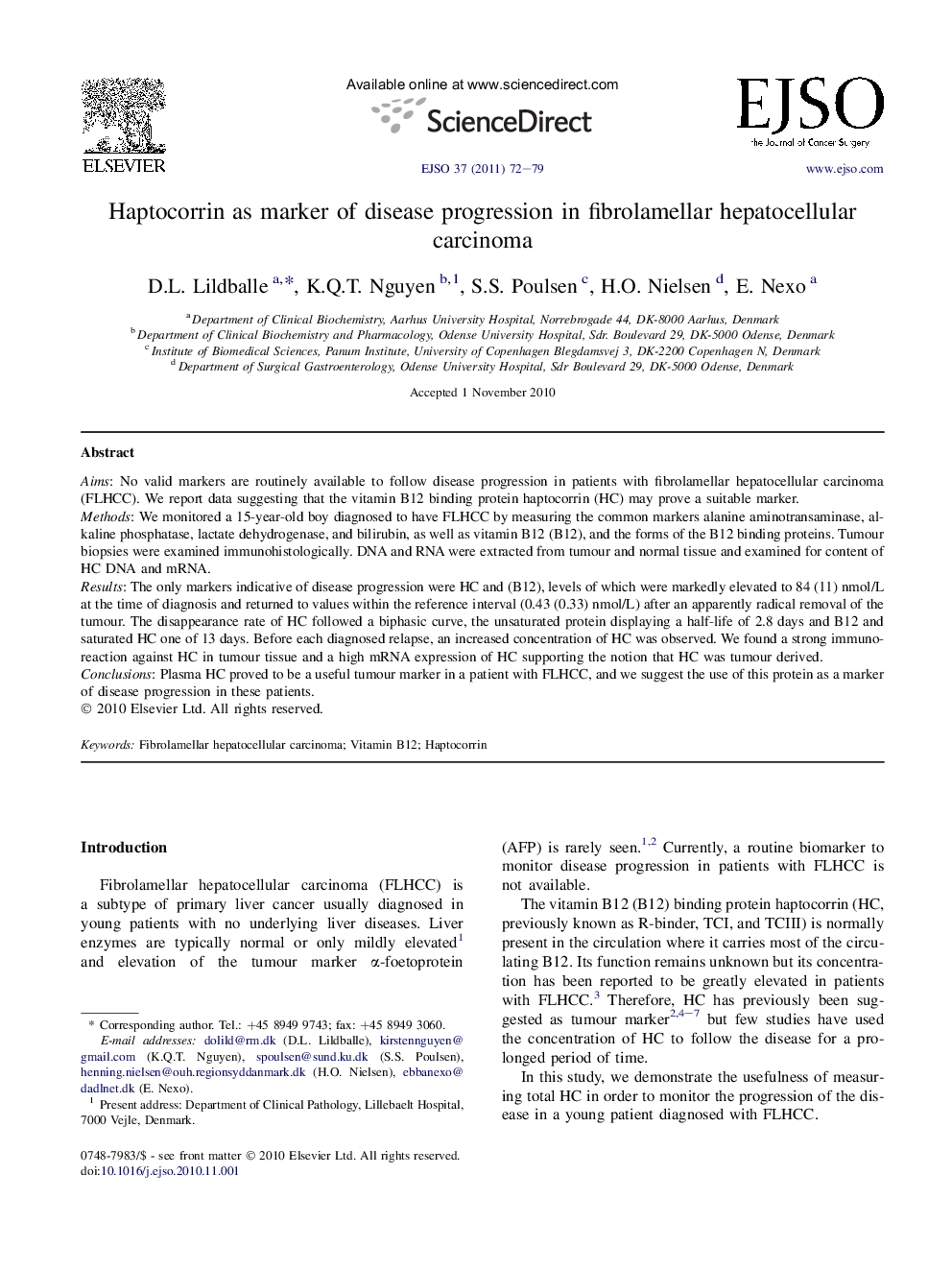 Haptocorrin as marker of disease progression in fibrolamellar hepatocellular carcinoma