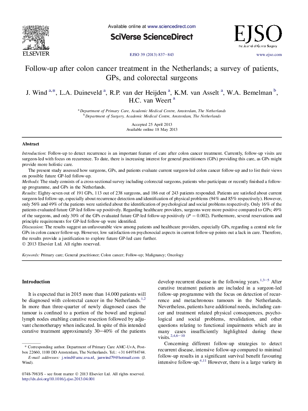 پیگیری بعد از درمان سرطان روده در هلند؛ یک بررسی از بیماران، پزشکان عمومی و جراحان کولورکتال 