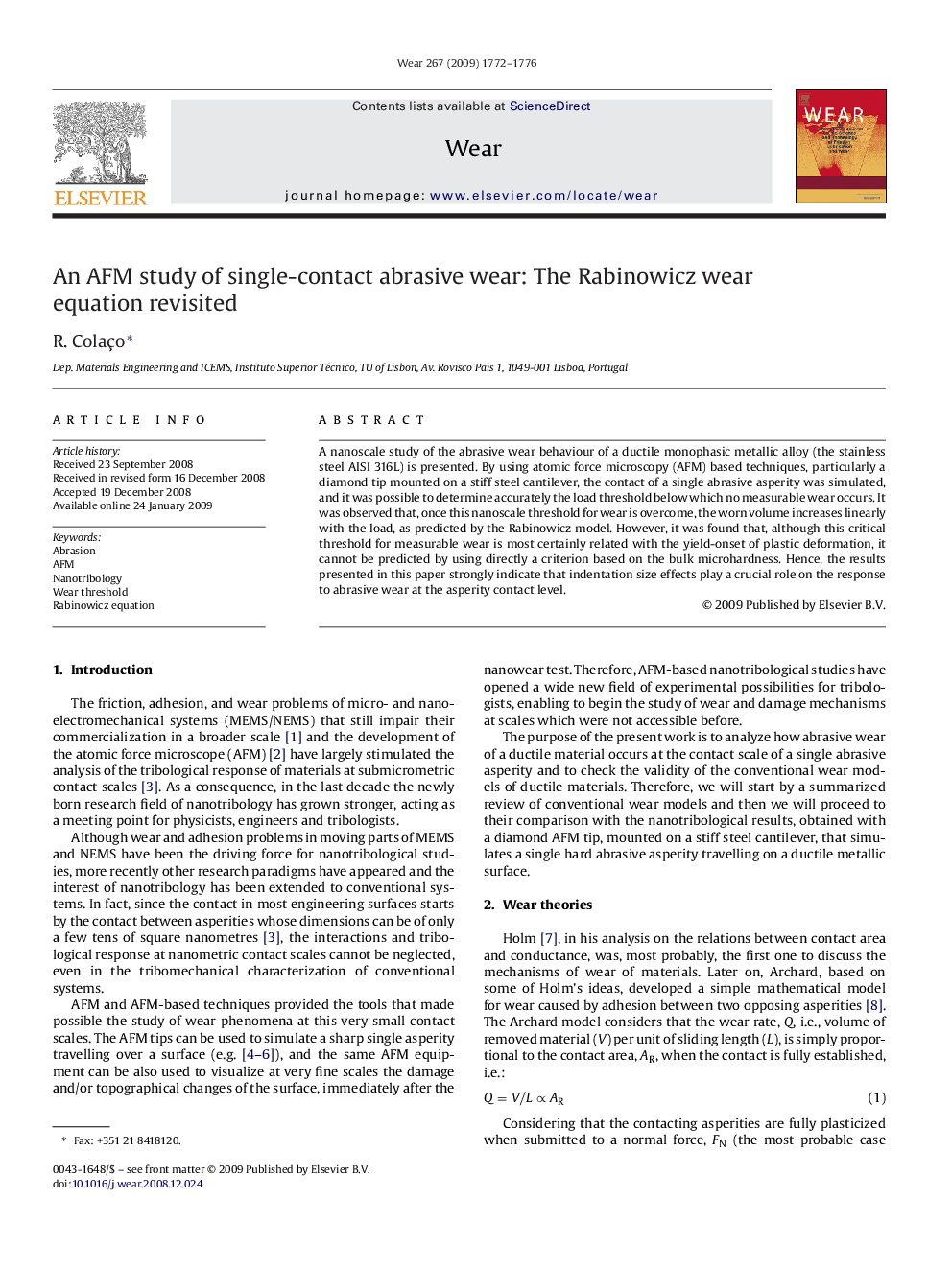 An AFM study of single-contact abrasive wear: The Rabinowicz wear equation revisited