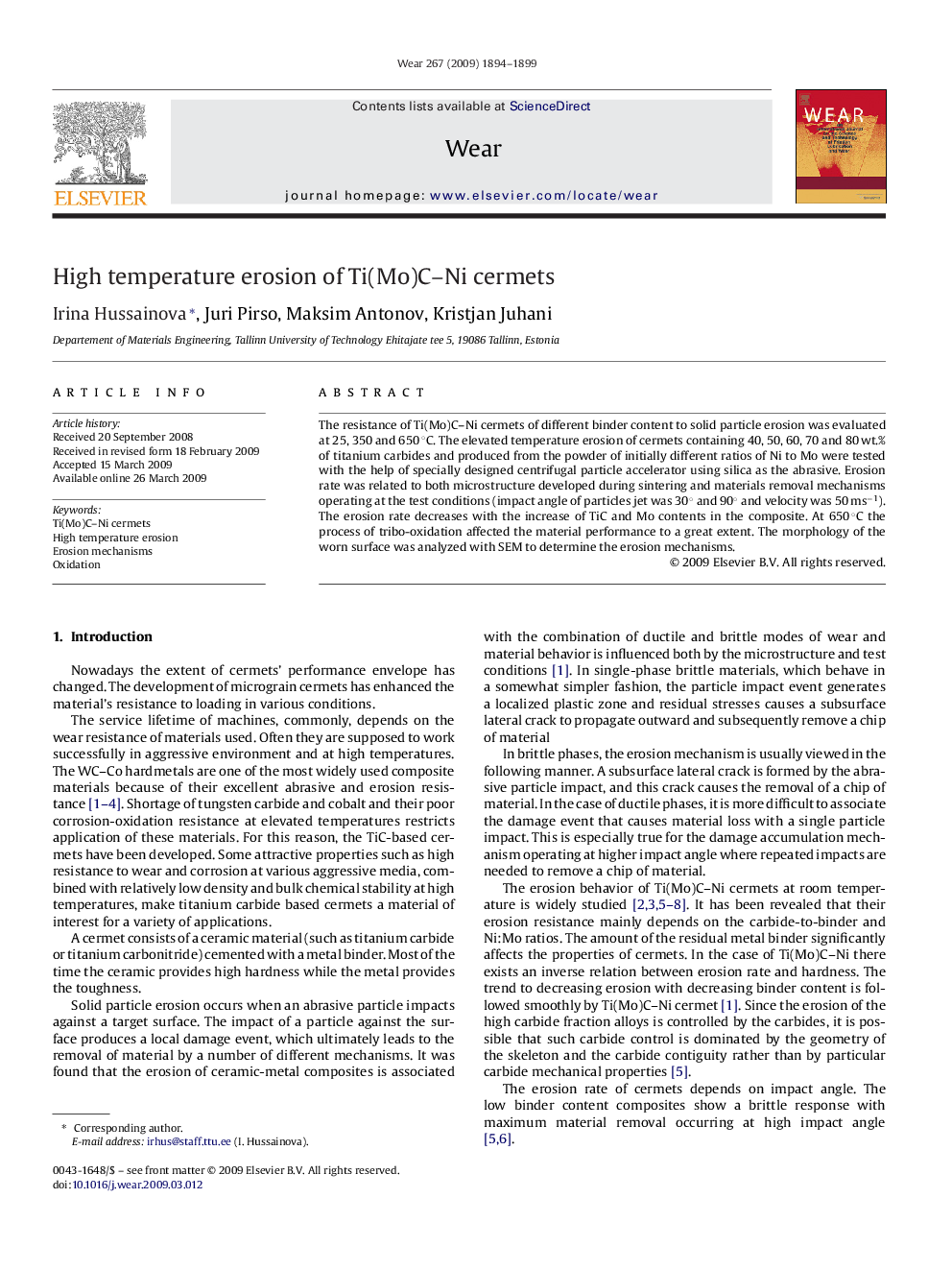 High temperature erosion of Ti(Mo)C–Ni cermets