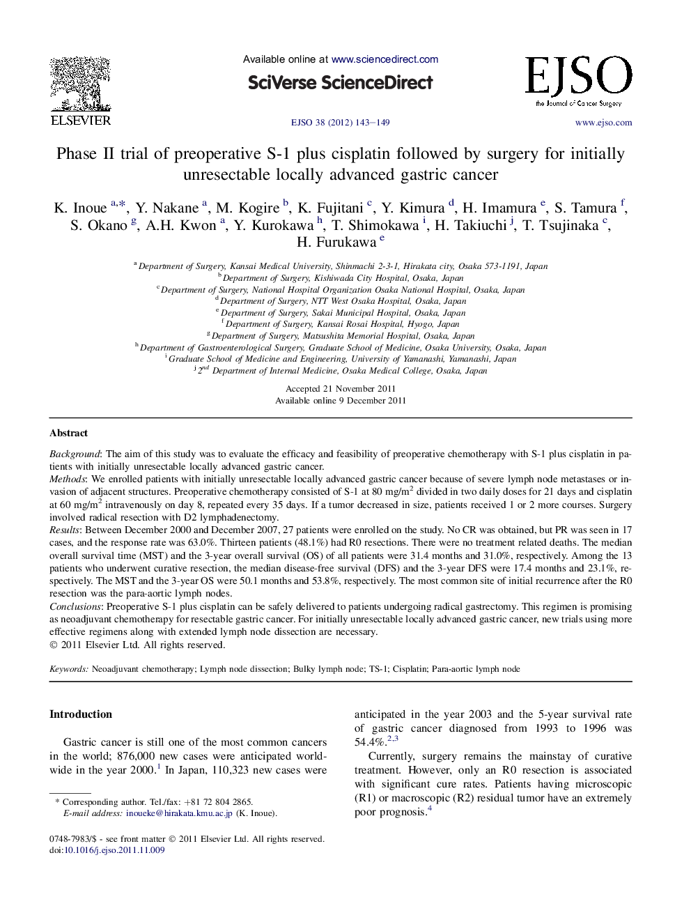 Phase II trial of preoperative S-1 plus cisplatin followed by surgery for initially unresectable locally advanced gastric cancer